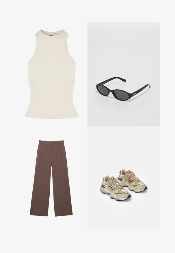 Brown trench coat with a textured finish, double-breasted design, wide collar, belted waist, and rolled cuffs.; Ribbed sleeveless top in light beige with a high neck and fitted shape, made from a soft, stretchy material for comfort.; Wide-leg trousers in a solid brown fabric, featuring a smooth texture, front pleats, and a tailored waistband. No visible logos or patterns.; Beige sneakers with mesh and suede materials. Features a black logo and textured accents. Thick white midsole and black rubber outsole.; Black sunglasses with rounded lenses, glossy plastic frame, and "QUAY" logo in gold on the side. Features dark tinted lenses.; Yellow pleated handbag made of smooth faux leather, featuring a soft shape with a single shoulder strap and gathered top design.