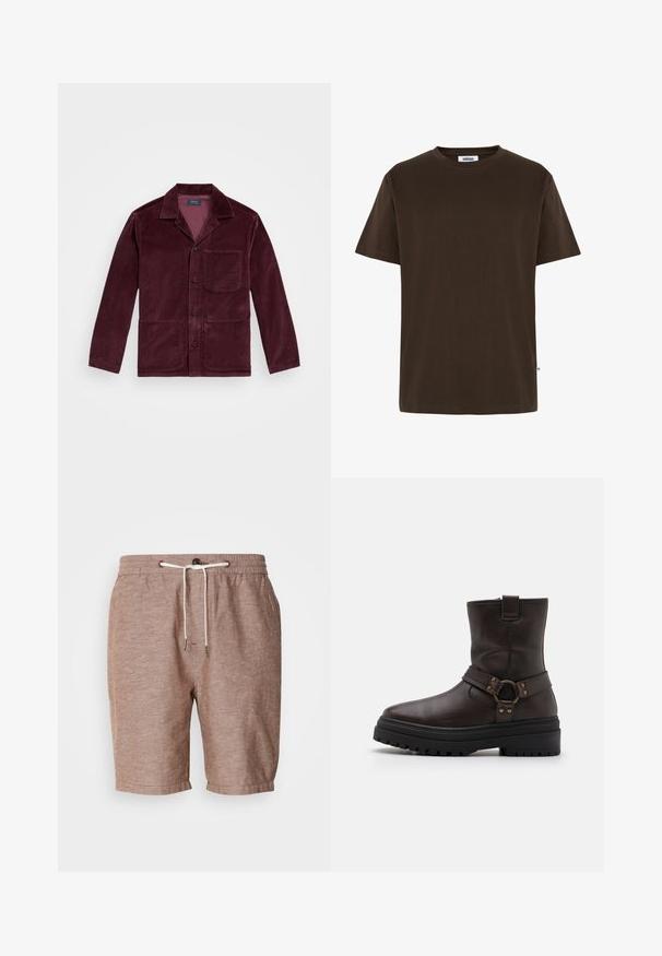 Veste en velours côtelé bourgogne avec un col cranté, fermeture à boutons sur le devant, poche poitrine et deux poches inférieures. Texture lisse avec des côtes visibles.; Minimum AARHUS - T-shirt basique - 1914 seal brown; Shorts en lin marron avec une taille élastique, fermeture à cordon de serrage et ourlet roulé. Présente une texture subtile et des éléments de design minimalistes.; Bottine en cuir marron avec un bout carré, des accents de boucle et une épaisse semelle noire. Caractérisée par une fermeture éclair sur le côté et une surface texturée.