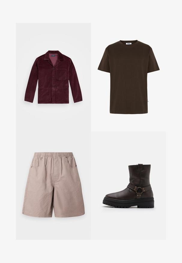Bordeaux corduroy jacket met een opstaande kraag, sluiting met knopen aan de voorkant, borstzak en twee onderzakken. Soepele textuur met zichtbare ribbels.; Minimum AARHUS - T-shirt basic - 1914 seal brown; Beige katoenen shorts met een elastische tailleband, twee zijzakken en subtiele stikseldetails. Gladde textuur, knielange snit.; Bruine leren enkelboot met een vierkante neus, gespsaccenten en een dikke zwarte zool. Voorzien van een zijrits en een gestructureerd oppervlak.