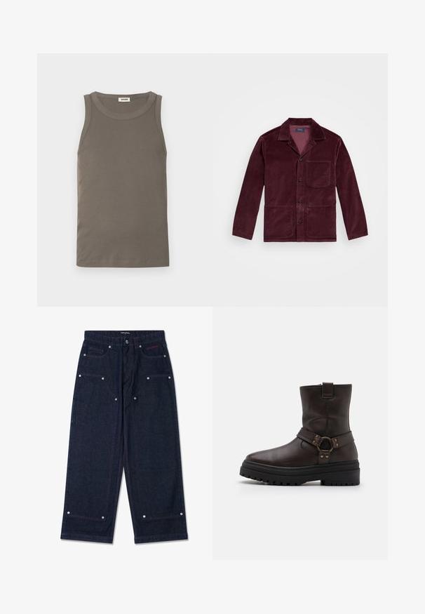 Chaqueta de corduroy burdeos con cuello con muesca, cierre de botones en el frente, bolsillo en el pecho y dos bolsillos inferiores. Textura suave con estrías visibles.; Top tipo tanque marrón claro con textura acanalada, escote redondo, diseño sin mangas y dobladillo recto. Fabricado con tela suave y elástica.; Pantalones de mezclilla oscuros de pierna ancha con dos bolsillos frontales, detalles de herrajes plateados y costuras rojas en contraste. Presenta un cierre de botón y el logo de la marca.; Botín de cuero marrón hasta el tobillo con punta cuadrada, detalles de hebilla y suela negra gruesa. Presenta un cierre lateral con cremallera y una superficie texturizada.