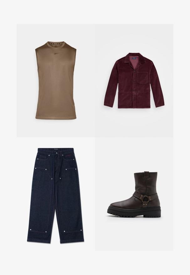 Burgundy sametijak z jakimi širom, sprednjim gumbom, žepom na prsih in dvema spodnjima žepoma. Gladka tekstura z vidno rebrasto površino.; Ruskea lihaskuntosali-toppi, joka on valmistettu sileästä kankaasta. Siinä on pyöreä pääntie ja olkaimettomuus. Reebok-logo on painettu keskelle.; Tumman farkkukankaan leveälahkeiset housut, joissa on kaksi etutaskua, hopeiset yksityiskohdat ja kontrastiväriset punaiset ompeleet. Housuissa on nappikiinnitys ja brändin logo.; Ruske nahke čevlje do gležnjev s kvadratnim nosom, zaponkami in debelim črnim podplatom. Imajo stransko zadrgo in teksturirano površino.