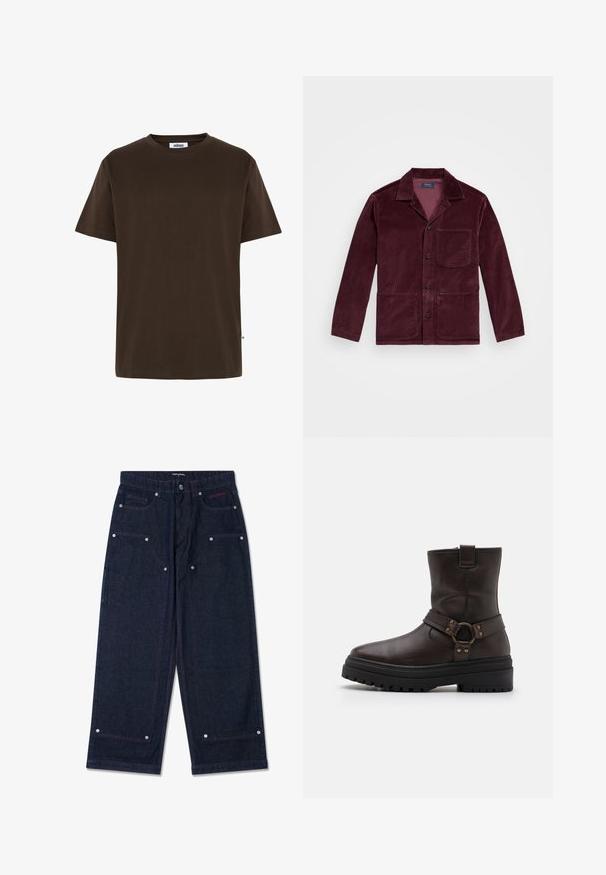 Burgunderfarbener Cord-Jacke mit angeschnittener Kragen, vorderem Knopfverschluss, Brusttasche und zwei unteren Taschen. Glatte Textur mit sichtbarem Rippeneffekt.; Minimum AARHUS - T-Shirt basic - 1914 seal brown; Dunkelblaue weit geschnittene Jeanshose mit zwei vorderen Taschen, silbernen Hardware-Details und kontrastierendem roten Nähten. Sie verfügt über einen Knopfverschluss und ein Markenlogo.; Braune Leder-Stiefelette mit quadratischer Zehenform, Schnallenakzenten und einer dicken schwarzen Sohle. Verfügt über einen seitlichen Reißverschluss und eine strukturierte Oberfläche.
