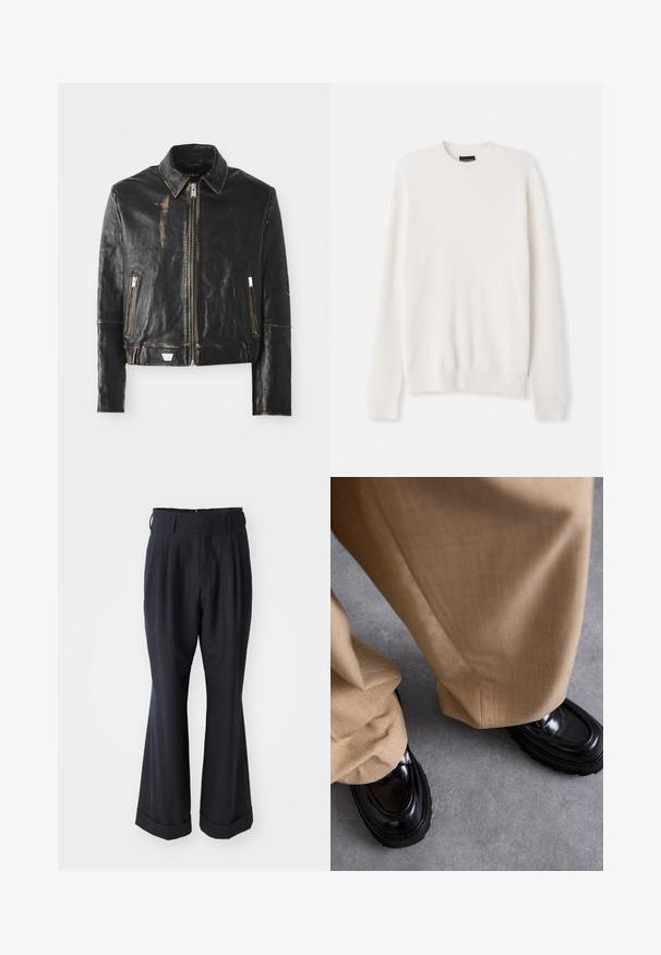 Black leather jacket with a classic collar, front zip closure, two zippered pockets, and distressed finish highlighting the texture and design.; White ribbed knit sweater with a crew neckline and long sleeves. Features a small logo embroidery on the chest. Soft texture, fitted design.; Black tailored trousers with a relaxed fit, pleated front, and wide legs. Features a cuffed hem and smooth fabric texture.; Beige trousers with a textured finish, paired with glossy black loafers featuring a thick sole and accent stitching.