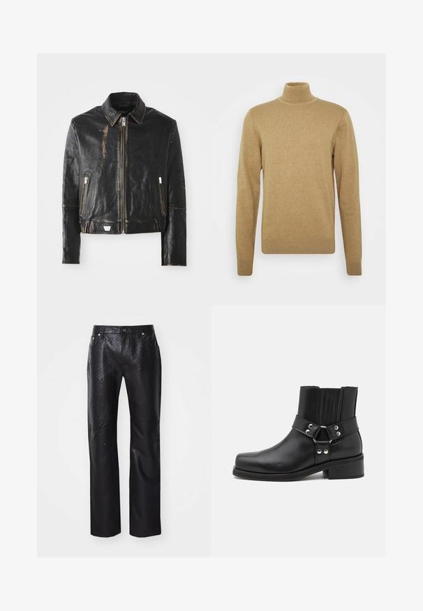 Sort læderjakke med klassisk krave, frontlynlås, to lynlåslommer og slidte detaljer, der fremhæver teksturen og designet.; Beige turtleneck sweater lavet af blødt strikstof. Har lange ærmer og en tætsiddende pasform. Ribbet kant og krave. ; Sorte bukser lavet af struktureret materiale med et subtilt mønster. Lige ben-design med fem lommer og metalhardware detaljer.; The Kooples CHAUSSURES - Cowboy- / bikerstøvlette - black