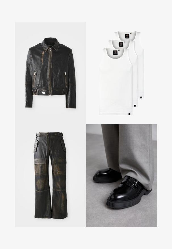 Sort læderjakke med klassisk krave, frontlynlås, to lynlåslommer og slidte detaljer, der fremhæver teksturen og designet.; Tre hvide ribbede tanktops lavet af bomuld. Har en rund hals og små sorte mærker nær sømmen. Fås i flere størrelser.; Sorte læder cargo bukser med en slidt tekstur, der har store sidelommer, høj talje og kontrasterende syninger langs sømmene.; The Antipode DERBY - Loafers - black