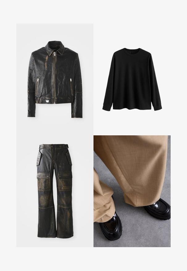 Mustast nahast jakk klassikalise kraega, ees lukuga sulgemine, kaks lukuga taskut ja kulunud välimus, mis toob esile tekstuuri ja disaini.; Must have pikkade varrukatega must pehme kanga pullover, millel on ümmargune kaelus, lõdva istuvuse ja soonikkoes mansetid. Minimalistlik disain, ilma lisamustereta.; Musta nahkne cargo püksid, millel on kulunud tekstuur, suured küljetaskud, kõrge vöökoht ja kontrastne õmblus õmbluste üle.; Beežid püksid tekstuurse viimistlusega, millele on sobitatud läikivad mustad loafers'id paksu tallaga ja kontrastse õmblusega.