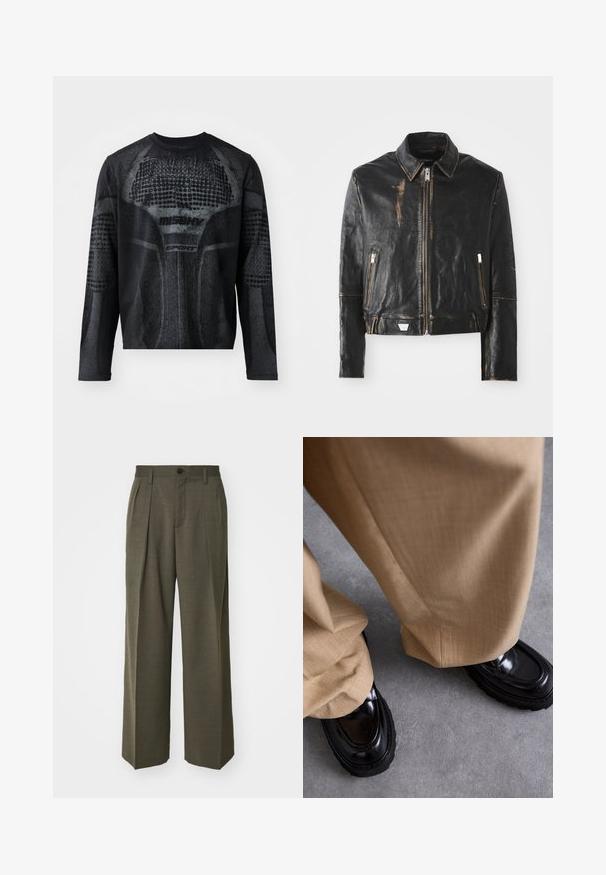 Black leather jacket with a classic collar, front zip closure, two zippered pockets, and distressed finish highlighting the texture and design.; Long-sleeve black athletic shirt featuring a textured graphic print in dark gray, with "MISHV" and "SPORT" branding on the front.; Filippa K WIDE TROUSERS - Trousers - driftwood; Beige trousers with a textured finish, paired with glossy black loafers featuring a thick sole and accent stitching.