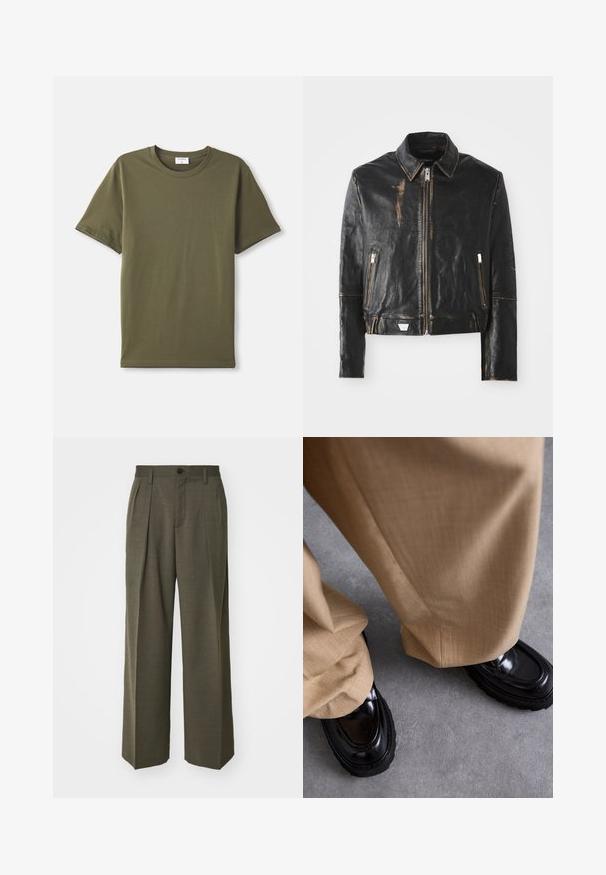 Zwarte leren jasje met een klassieke kraag, voorkant met ritssluiting, twee ritszakken en een verweerde afwerking die de textuur en het ontwerp benadrukt.; Effen olijfgroene T-shirt met korte mouwen en ronde hals plat gelegd op een witte achtergrond.; Filippa K WIDE TROUSERS - Broek - driftwood; Beige broek met een gestructureerde afwerking, gecombineerd met glanzende zwarte loafers met een dikke zool en accentstiksels.