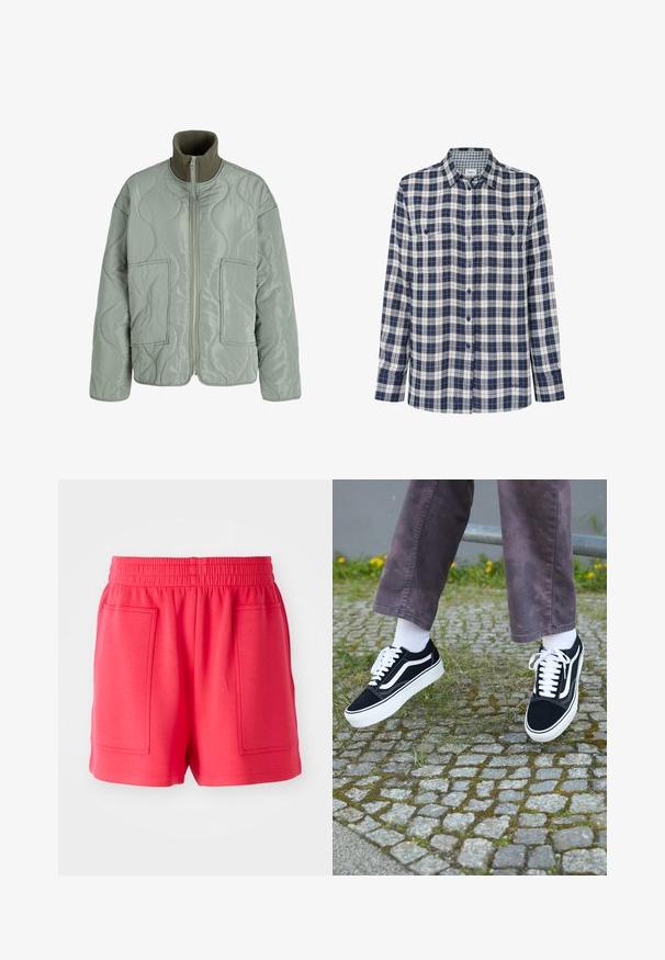 Prešívaná bunda vo svetlozelenej farbe, s vysokým golierom, dvoma prednými vreckami, hladkou textúrou a zipsovým zapínaním.; Kockovaná flanelová košaľa v námorníckej modrej, bielej a červenej farbe. Dlhé rukávy, zapínanie na gombíky, dve náprsné vrecká a jemné logo na leme.; Červené športové šortky vyrobené z ľahkej tkaniny, s elastickým pásom a dvoma veľkými prednými vreckami. Hladká textúra, dĺžka po koleno.; Čierne semišové tenisky s bielymi akcentmi, s okrúhlou špičkou, hrubou bielou podrážkou a klasickým šnurovacím dizajnom, kombinované s bielymi ponožkami a fialovými nohavicami.