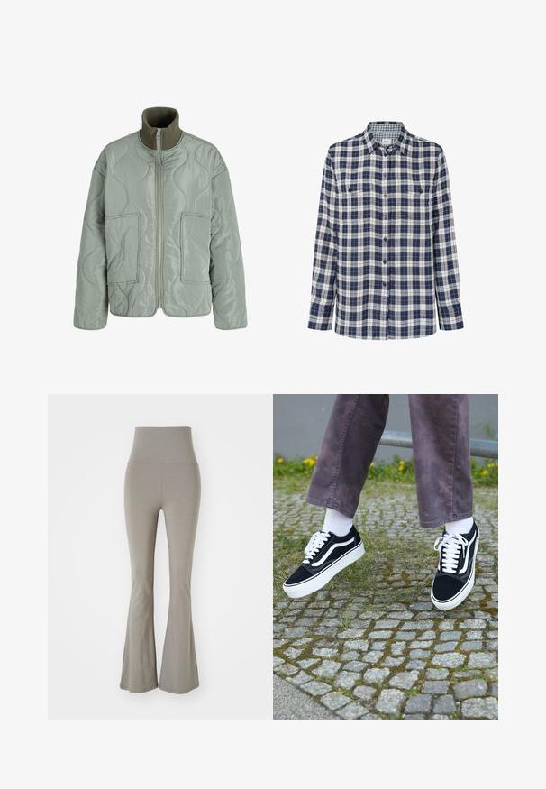 Quiltska jakna u svijetlozelenoj boji, s visokim ovratnikom, dva prednja džepa, glatkom teksturom i zatvaranjem na zip.; Karirana flanel košulja u tamnoplavoj, bijeloj i crvenoj boji. Dugi rukavi, dugmad sprijeda, dva džepa na prsima i suptilni logo na rubu.; Visoke, lepršave tajice od svijetlosive tkanine. Imaju glatku teksturu i rastezljiv, tijelu prilagođen dizajn. Nema vidljivih dijelova.; Crne suedne teniske s bijelim detaljima, s okruglim vrhom, debljim bijelim potplatom i klasičnim dizajnom vezivanja, nosi se s bijelim čarapama i ljubičastim hlačama.