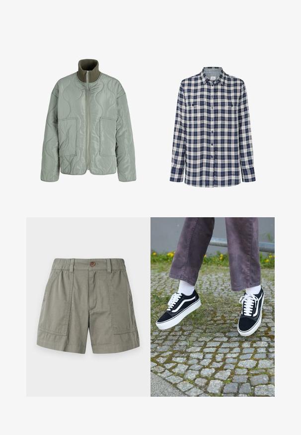 Ovratna jakna v svetlo zeleni barvi, s visokim ovratnikom, dvema sprednjima žepoma, gladko teksturo in zadrgo.; Karirana flanelasta srajca v mornarsko modri, beli in rdeči barvi. Dolgi rokavi, gumbasta zapenjanja, dva žepa na prsih ter subtilen logotip na robu.; Svetlo olivno zelene kratke hlače iz mešanice bombaža, z elastičnim pasom, sprednjimi žepi in enim gumbom za zapiranje.; Črne semiš teniske z belimi akcenti, s krožno prstom, debelim belim podplatom in klasičnim vezanjem, nošene z belimi nogavicami in vijoličnimi hlačami.