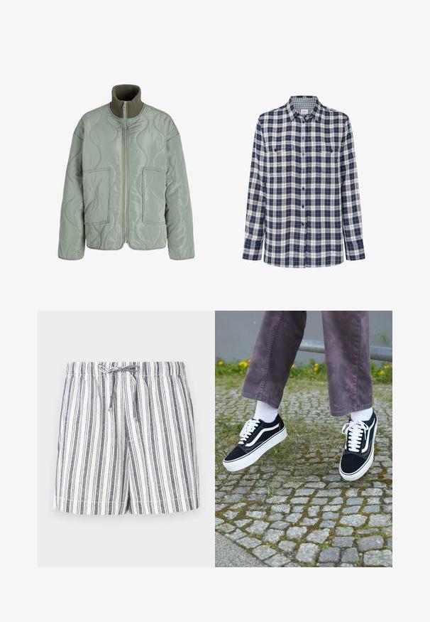Ovratna jakna v svetlo zeleni barvi, s visokim ovratnikom, dvema sprednjima žepoma, gladko teksturo in zadrgo.; Karirana flanelasta srajca v mornarsko modri, beli in rdeči barvi. Dolgi rokavi, gumbasta zapenjanja, dva žepa na prsih ter subtilen logotip na robu.; Črtaste kratke hlače v beli in mornarsko modri barvi, z elastiko na pasu, sproščenim krojem in mehkim, lahkim materialom. Gladka tekstura in sproščen dizajn.; Črne semiš teniske z belimi akcenti, s krožno prstom, debelim belim podplatom in klasičnim vezanjem, nošene z belimi nogavicami in vijoličnimi hlačami.