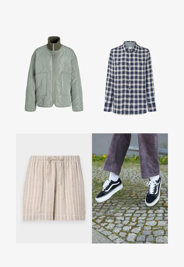 Prešívaná bunda vo svetlozelenej farbe, s vysokým golierom, dvoma prednými vreckami, hladkou textúrou a zipsovým zapínaním.; Kockovaná flanelová košaľa v námorníckej modrej, bielej a červenej farbe. Dlhé rukávy, zapínanie na gombíky, dve náprsné vrecká a jemné logo na leme.; Bežové ľanové šortky s bielymi vertikálnymi pásikmi, elastickým pásom a šnúrkou na stiahnutie. Neformálny dizajn obsahuje zošité lemy a bočné vrecká.; Čierne semišové tenisky s bielymi akcentmi, s okrúhlou špičkou, hrubou bielou podrážkou a klasickým šnurovacím dizajnom, kombinované s bielymi ponožkami a fialovými nohavicami.