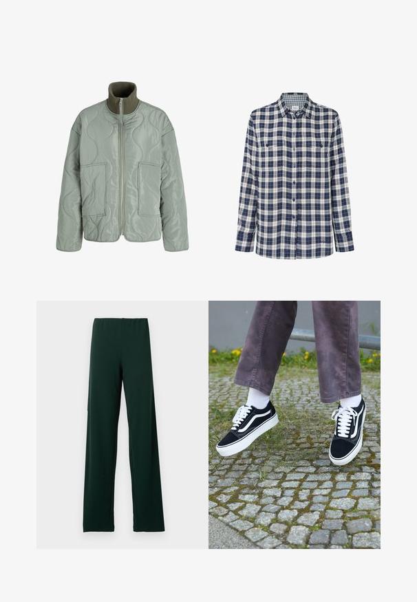 Quiltska jakna u svijetlozelenoj boji, s visokim ovratnikom, dva prednja džepa, glatkom teksturom i zatvaranjem na zip.; Karirana flanel košulja u tamnoplavoj, bijeloj i crvenoj boji. Dugi rukavi, dugmad sprijeda, dva džepa na prsima i suptilni logo na rubu.; Tamnozelene, lagane, rastezljive hlače s elastičnim pojasom i širokim nogavicama. Napravljene od glatkog materijala bez vidljivih uzoraka ili hardvera.; Crne suedne teniske s bijelim detaljima, s okruglim vrhom, debljim bijelim potplatom i klasičnim dizajnom vezivanja, nosi se s bijelim čarapama i ljubičastim hlačama.