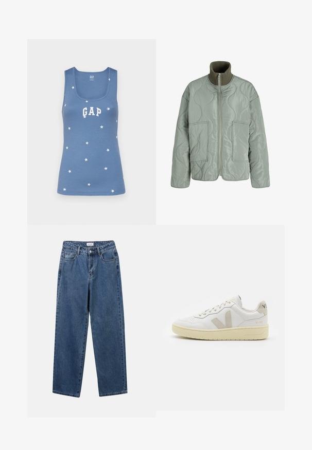 Chaqueta acolchada en verde claro, con un alto cuello, dos bolsillos frontales, textura suave y cierre de cremallera.; Top de tirantes azul con relieve que presenta estrellas blancas y el logo "GAP" en letras blancas en la parte frontal. Escote en forma de barco y diseño sin mangas.; Jeans de mezclilla azul clásico con un diseño de pierna recta, cinco bolsillos y cierre de botón. Presenta un lavado medio y una textura resistente.; Zapatilla de piel blanca con acentos de ante beige, caja de puntera perforada, cordones planos y suela texturizada en color crema. Cuenta con un branding sutil en el talón.