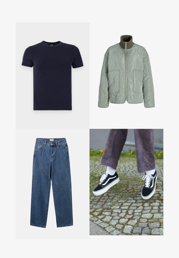 Kurtka pikowana w jasnym zielonym kolorze, z wysokim kołnierzem, dwoma przednimi kieszeniami, gładką teksturą i zapięciem na zamek.; Granatowa bluzka t-shirt z okrągłym dekoltem, wykonana z gładkiej bawełny, z krótkimi rękawami i regularnym krojem. Prosty, bezszwowy design, bez wzorów.; Klasyczne niebieskie dżinsy o prostym kroju, pięć kieszeni i zapięcie na guzik. Charakteryzują się średnim odcieniem i solidną teksturą.; Czarne zamszowe trampki z białymi akcentami, z zaokrąglonym noskiem, grubą białą podeszwą i klasycznym sznurowaniem, noszone z białymi skarpetami i fioletowymi spodniami.