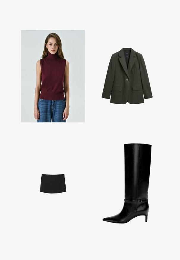 Ciemnozielona marynarka wykonana z fakturowanej tkaniny, z klapami w stylu notch, jednym guzikiem i dwiema przednimi kieszeniami.; Burgundowa, bezrękawnikowa bluzka typu golf z miękkiego materiału, z dopasowaną talią i gładką fakturą, połączona z niebieskimi szerokimi spodniami dżinsowymi.; Czarna mini spódnica wykonana z gładkiego, elastycznego materiału; ma prosty krój z subtelnym dołem i bez widocznych zapięć czy wzorów.; Czarne skórzane wysokie botki z ostrym noskiem i niskim obcasem. Posiadają wąski pasek z metalową klamrą wokół kostki. Gładka tekstura.