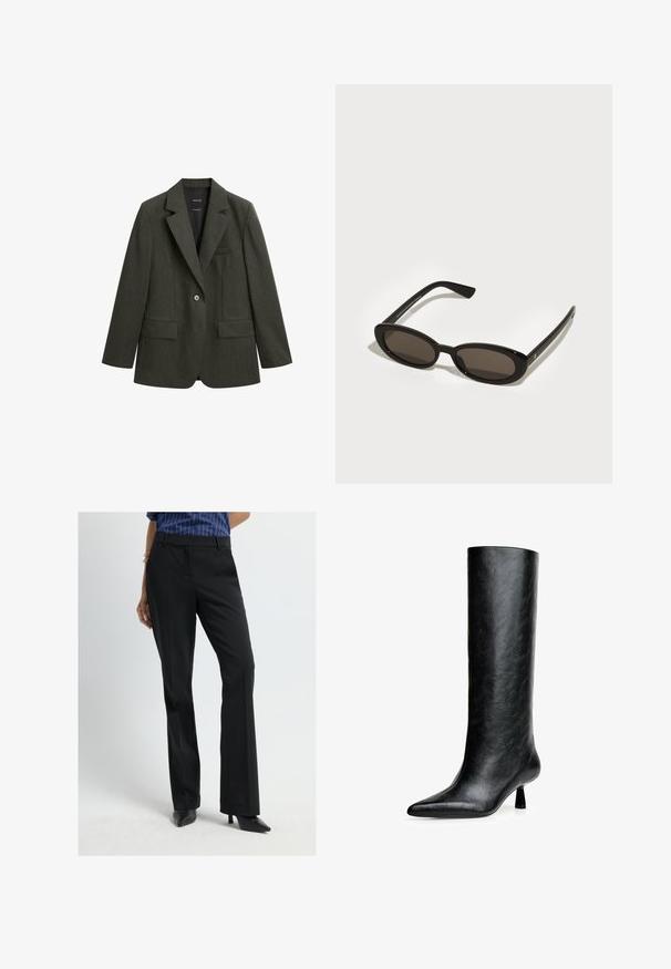 Ciemnozielona marynarka wykonana z fakturowanej tkaniny, z klapami w stylu notch, jednym guzikiem i dwiema przednimi kieszeniami.; Czarna koszula z długim rękawem o szerokim dekolcie, wykonana z miękkiego materiału, charakteryzująca się dopasowanym krojem i minimalnymi detalami szwów.; Czarne spodnie o dopasowanym kroju z prostymi nogawkami, wykonane z gładkiego materiału, z bocznymi kieszeniami i średnim stanem.; Czarne, wysokie botki do kolan wykonane z fakturowanej skóry. Mają spiczasty nosek i mały, rozszerzający się obcas. Elegancki, gładki design z minimalnymi akcentami.; Czarne okulary przeciwsłoneczne z oválnymi, półramkowymi soczewkami. Błyszczące oprawki i eleganckie zauszniki. Ciemne soczewki z minimalnymi detalami w hardware.