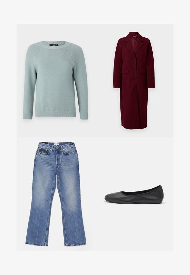 Tumši sarkans garš vilnas mētelis ar četriem melniem pogām, platām apakšējām apmalēm un divām priekšējām kabatām ar atloku, attēlots uz vienkārša balta fona.; Gaiši zils adīts džemperis ar garām raglanu piedurknēm, ribota apkakle un aproces, kā arī teksturēta auduma raksts visā virsmā.; RE/DONE LOOSE - Bootcut piegriezuma džinsi - hacienda; Melna ādas baleta kurpe ar noapaļotu purngalu, gludu tekstūru, minimālu šuvju detalizāciju un elastīgu zoles dizainu.