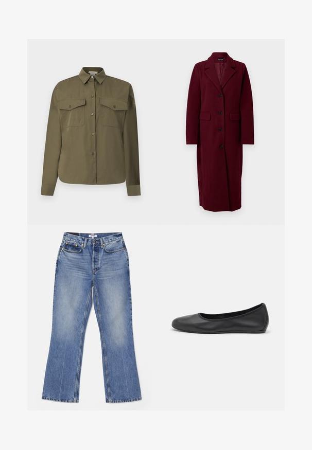 Dieprode lange wollen jas met vier zwarte knopen, brede revers en twee voorzakken met kleppen, weergegeven tegen een eenvoudige witte achtergrond.; Olijfgroene button-up blouse gemaakt van een soepele, lichte stof. Beschikt over twee borstzakken, een puntige kraag en lange mouwen.; RE/DONE LOOSE - Bootcut jeans - hacienda; Zwarte leren ballerina met een ronde neus, gladde textuur, minimale stikdetails en een flexibele zoolontwerp.