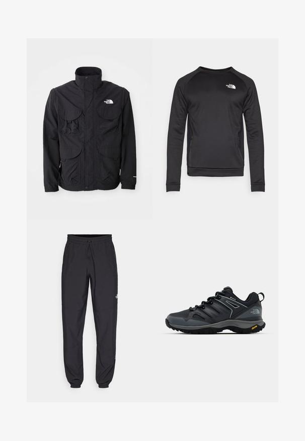 Casaco preto com gola alta, duas bolsos frontais com aba, fecho com zíper e logótipo no lado superior direito. Design leve, ideal para atividades ao ar livre.; Sweatshirt preto de mangas longas com decote redondo, feito de um tecido suave. Painéis laterais em malha para respirabilidade. Apresenta um logótipo branco no peito.; Calças atléticas pretas feitas de tecido leve, com um cós ajustável por cordão, bolsos laterais e punhos afunilados nos tornozelos.; Sapatilha de caminhada preta com um cabedal respirável, detalhes texturizados, sola de borracha e elementos refletivos. Apresenta um logótipo da Vibram no calcanhar.