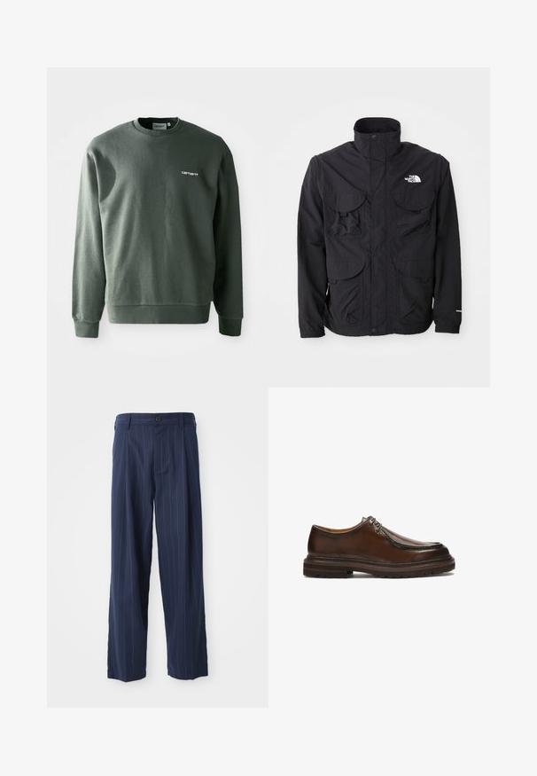 Fekete dzseki magas gallérral, két elülső hajtókás zsebbel, cipzáras záródással és logóval a jobb felső oldalon. Könnyű, kültéri kialakítás.; Sötétzöld pamut keverék pulóver, amelynek kerek nyaka, bordás mandzsettái és egy kis fehér logó található a bal mellen.; Sötétkék csíkozott nadrág, texturált anyagból készült; gombos záródással, oldalsó zsebekkel és laza fazonnal rendelkezik.; Barna bőr cipő, lekerekített orral, varrott díszítéssel és vastag talppal, amelynek felülete érdes a tapadás érdekében. Fűzős kialakítás.