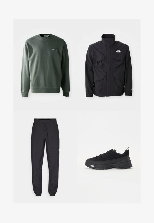 Chaqueta negra con un alto cuello, dos bolsillos frontales con solapa, un cierre con cremallera y un logo en la parte superior derecha. Diseño ligero, ideal para el aire libre.; Sudadera de color verde oscuro hecha de una mezcla de algodón, con un cuello redondo, puños acanalados y un pequeño logo blanco en el lado izquierdo del pecho.; Pantalones deportivos negros hechos de un tejido ligero, con una cinturilla ajustable, bolsillos laterales y puños ajustados en los tobillos.; Zapatilla negra de exterior con parte superior de ante, suela de goma texturizada y un sólido sistema de cordones. Cuenta con un talón reforzado y el logotipo de la marca en el lateral.
