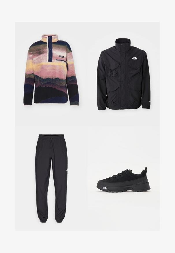 Svart jacka med hög krage, två framfickor med lock, dragkedjestängning och logotyp på övre högra sidan. Lättviktsdesign för utomhusbruk.; Columbia HELVETIA - Fleecetröja - collegiate navy; Svarta träningsbyxor tillverkade av lättviktsmaterial, med dragsko i midjan, sidofickor och avsmalnande muddar vid anklarna.; Svart utomhussko med ovandel i mocka, texturerad gummisula och robust snörningssystem. Har en förstärkt häl och varumärkeslogotyp på sidan.