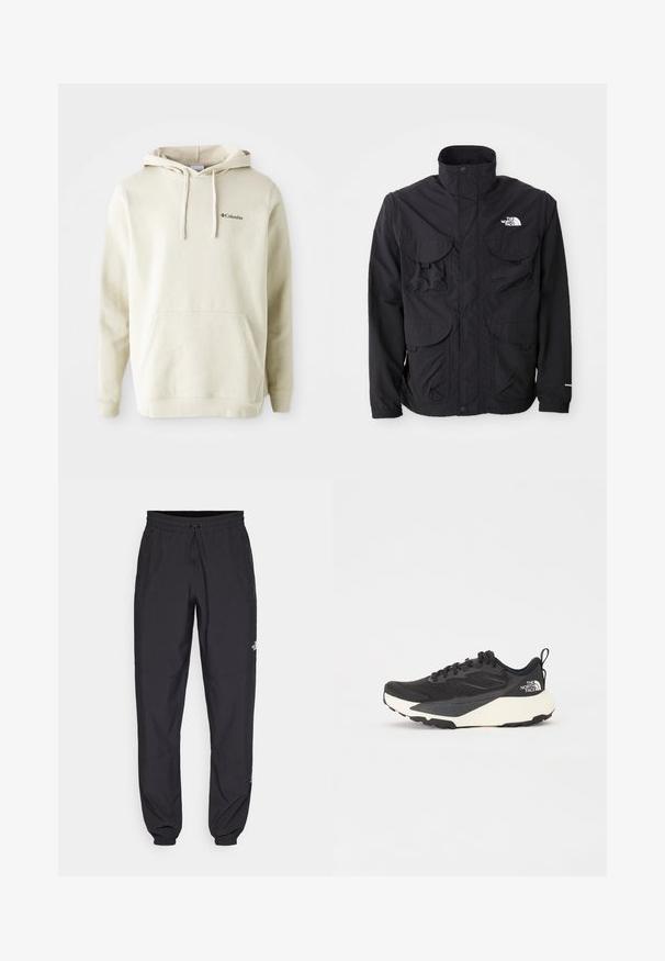 Jachetă neagră cu guler înalt, două buzunare frontale cu clapă, închidere cu fermoar și logo pe partea dreaptă sus. Design lejer, potrivit pentru exterior.; Hanorac de culoare crem, dintr-o țesătură moale, cu buzunar tip kangaroo în față, glugă cu șnur și un mic logo brodat pe piept.; Pantaloni atletici negri, confecționați dintr-un material ușor, cu un tiv elastic la talie, buzunare laterale și tivuri ajustate la gleznă.; Shoe sportiv negru cu superior din plasă texturată, accente negre solide și talpă ușoară albă. Dispune de închidere cu șireturi și mâner de prindere.