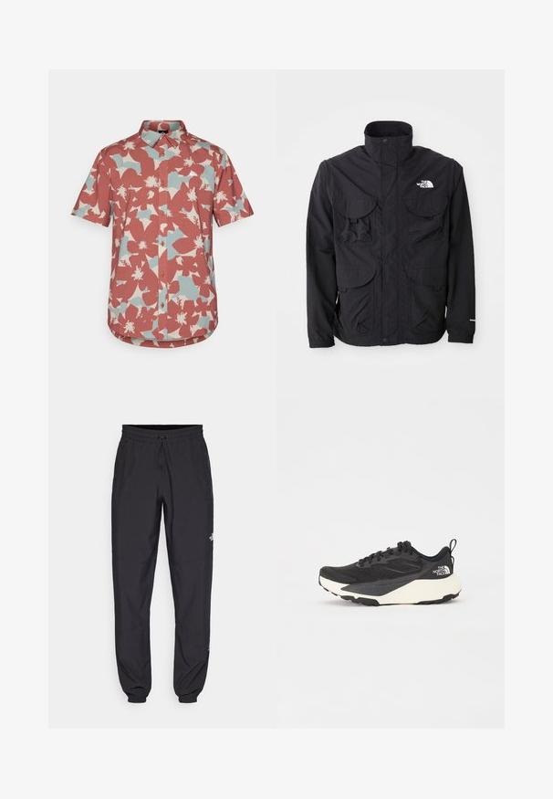 Black jacket with a high collar, two front flap pockets, a zippered closure, and logo on the upper right side. Lightweight, outdoor design.; Short-sleeve button-up shirt in rust red with blue floral patterns on a textured fabric; features a standard collar and curved hemline.; Black athletic pants made from lightweight fabric, featuring a drawstring waistband, side pockets, and tapered cuffs at the ankles.; Black athletic shoe with textured mesh upper, solid black accents, and white lightweight outsole. Features lace-up closure and pull tab.