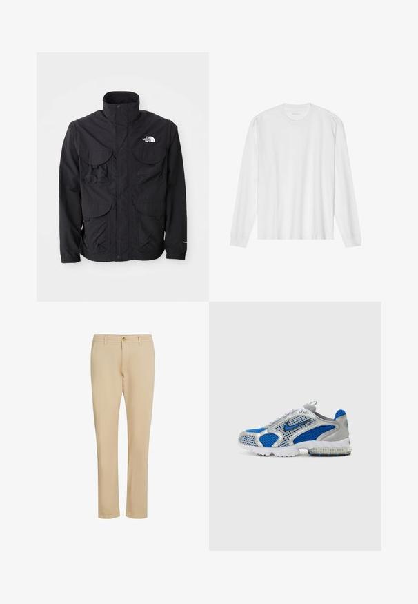 Zwarte jas met een hoge kraag, twee forse voorzakken, een ritssluiting en een logo aan de bovenste rechterkant. Lichtgewicht, ontworpen voor buitengebruik.; Wit katoenen t-shirt met lange mouwen, ronde hals en geribbelde manchetten. Eenvoudig, onopgesmukt ontwerp met een gladde textuur en een standaard pasvorm.; Beige broek met een recht gesneden ontwerp, voorzien van een rits en knoopsluiting, gemaakt van gladde stof met subtiele stiksels.; Blauwe en zilveren sportschoenen met meshpanelen, een gevoerde kraag en een doorzichtige zool met blauwe accenten. Contrasterende veters maken het ontwerp af.