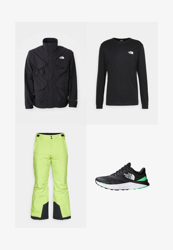 Black jacket with a high collar, two front flap pockets, a zippered closure, and logo on the upper right side. Lightweight, outdoor design.; Black long-sleeve t-shirt made of cotton, featuring a white logo on the left chest and ribbed cuffs. Smooth texture with a crew neckline.; Bright lime green ski pants with a smooth texture, featuring black accents at the cuffs and a button closure at the waist.; Black athletic shoe with a mesh upper, white midsole, green accents, and a textured rubber sole. Features brand logo on the side.