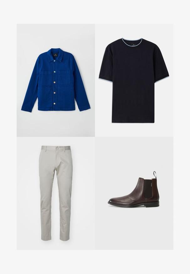 Blaue Jeansjacke mit einem Kragen, zwei Brusttaschen und kontrastierenden Knöpfen. Glatte Textur mit einem lässigen Design.; Dunkelblaues kurzärmeliges T-Shirt mit Rundhalsauschnitt, das an Kragen und Ärmeln mit hellblauen Akzenten versehen ist. Hergestellt aus weichem Baumwollstoff.; Hellgraue Baumwollhose mit geradem Bein, flacher Vorderseite und ohne sichtbare Taschen oder Verzierungen. Glatte Textur, schlichte Ausführung.; Braune Leder-Ankle-Boots mit elastischen Seitenpaneelen und einem Zugband. Glatte Textur, abgerundete Zehenform und einen niedrigen, gestapelten Absatz.