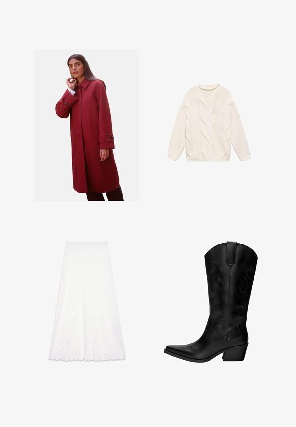 Červený kabát z vlnenej zmesi s vysokým golierom, bočnými vreckami a gombíkovými manžetami, s priliehavým strihom a hladkou textúrou.; Biely pletený sveter s textúrovaným káblovým vzorom, s oválnym výstrihom a dlhými rukávmi. Obsahuje rebrované manžety a lem.; Biely midi sukňa z textúrovanej, zmačknutej látky. S hladkým pásom a rozšíreným strihom, dokončená s vlnkovým lemom.; Čierne kožené kovbojské čižmy s špičatou špičkou, stredným podpätkom, dekoračným prešitím a uťahovacou pútkom pre jednoduché obúvanie. Hladký povrch a vysoký šacht.
