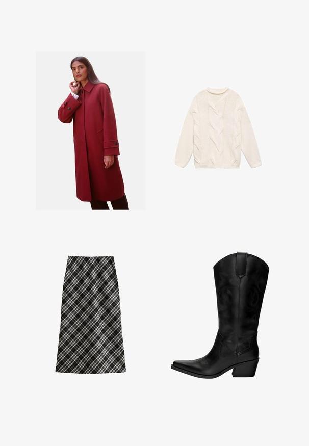 Red wool blend coat featuring a high collar, side pockets, and buttoned cuffs, with a tailored fit and smooth texture.; White knitted sweater with a textured cable pattern, rounded neckline, and long sleeves. Features ribbed cuffs and hem.; Black and white plaid skirt, mid-length, A-line silhouette, textured fabric, featuring crisscross lines and geometric patterns throughout.; Black leather cowboy boot with pointy toe, medium heel, decorative stitching, and pull tab for ease of wear. Smooth texture and tall shaft.
