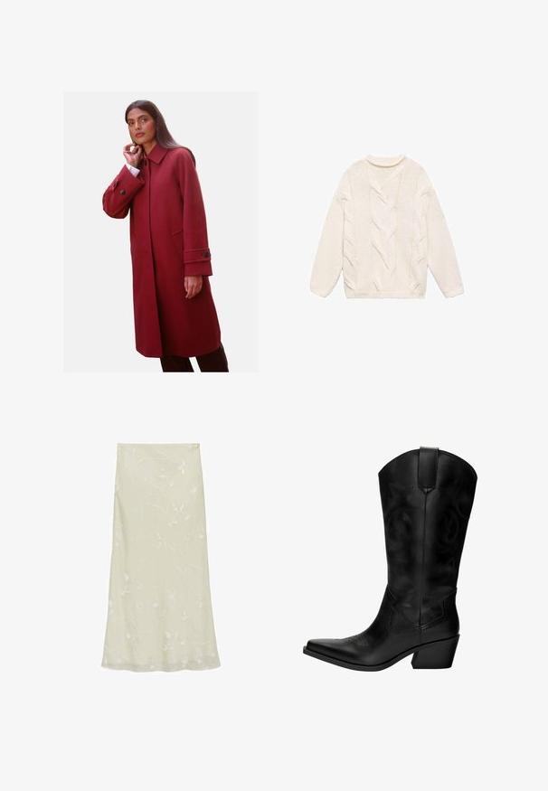 Červený kabát z vlněné směsi s vysokým límcem, bočními kapsami a knoflíkovými manžetami, s přiléhavým střihem a hladkou texturou.; Bílý pletený svetr s texturovaným kabelovým vzorem, kulatým výstřihem a dlouhými rukávy. Obsahuje žebrované manžety a lem.; Světlé zelené midi sukně vyrobená z průhledné látky, s jemnou bílou květinovou výšivkou a splývavým áčkovým střihem.; Černé kožené kovbojské boty s špičatou špičkou, středním podpatkem, dekorativním prošíváním a poutkem pro snadné obouvání. Hladká textura a vysoký svršek.