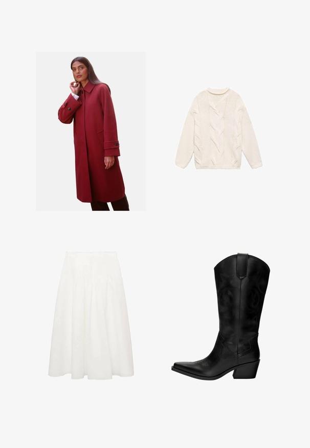 Palton roșu din amestec de lână, cu guler înalt, buzunare laterale și manșete cu nasturi, având o croială ajustată și o textură fină.; Pulover alb tricotat cu un model texturat în cablu, guler rotund și mâneci lungi. Are manșete și tiv ribbă.; Fustă midi albă, realizată dintr-un material ușor, cu un talie ajustată și pliseuri delicate pentru volum. Textură netedă și fluidă, fără motive.; Botă cowboy din piele neagră, cu vârf ascuțit, toc mediu, cusături decorative și cârpă pentru o ușurință la purtare. Textură netedă și șaht înaltă.