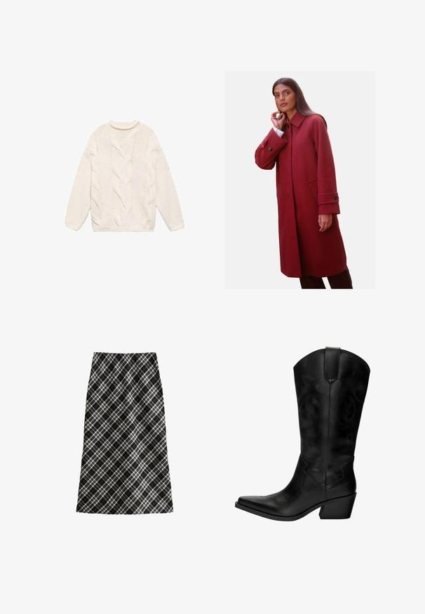 Rode wolmix jas met een hoge kraag, zijzakken en knoopmanchetten, met een getailleerde pasvorm en een zachte textuur.; Witte gebreide trui met een gebreid kabelpatroon, ronde hals en lange mouwen. Heeft ribgebreide manchetten en zoom.; Zwart-witte geruite rok, half lang, A-lijn silhouet, gestructureerde stof, met kruislijnen en geometrische patronen door het geheel.; Zwarte leren cowboylaars met een spitse teen, middelhoge hak, decoratieve stitching en een trekband voor gemakkelijke aan- en uittrekken. Gladde textuur en hoge schacht.