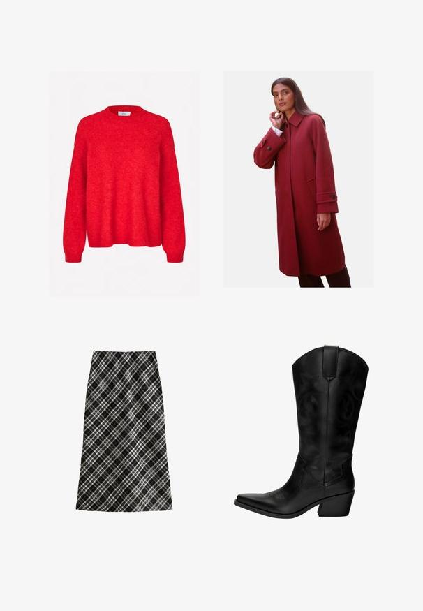 Manteau en mélange de laine rouge avec un col haut, des poches latérales et des poignets boutonnés, offrant une coupe ajustée et une texture lisse.; Envii ADA - Pullover - salsa melange; Jupe à carreaux noir et blanc, mi-longue, silhouette en A, en tissu texturé, avec des lignes entrecroisées et des motifs géométriques sur toute la surface.; Botte de cowboy en cuir noir avec un bout pointu, un talon moyen, des coutures décoratives et une languette pour faciliter l'enfilage. Texture lisse et tige haute.