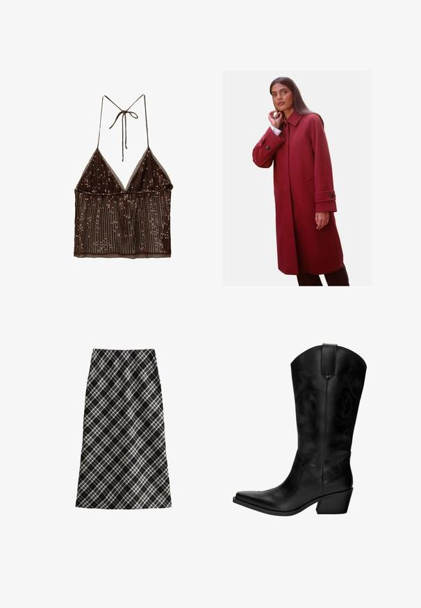 Roter Wollmischmantel mit hohem Kragen, seitlichen Taschen und knöpfbaren Manschetten, in schmaler Passform und mit glattem Textur.; Brauner, mit Pailletten besetzter Croptop mit dreieckigem Ausschnitt, verstellbaren Trägern und transparentem Stoff, der ein mehrlagiges Design und eine gerippte Textur aufweist.; Schwarz-weißer Karorock, midilang, A-Linie Silhouette, strukturiertes Gewebe, mit überkreuzten Linien und geometrischen Mustern im gesamten Design.; Schwarze Leder-Cowboy-Stiefel mit spitzer Zehe, mittlerem Absatz, dekorativer Naht und Zuglasche für einfaches Anziehen. Glatte Textur und hoher Schaft.