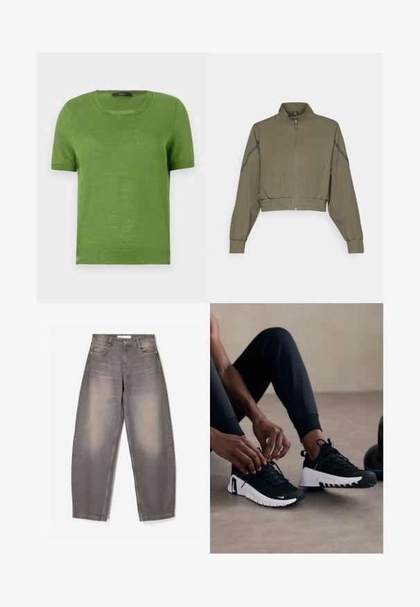 Olijfgroene gecropte jas met hoge kraag, ritssluiting, elastische mouwen en zijzakken; heeft donkergrijze zijstrepen.; Groene gebreide trui met korte mouwen en een ronde hals, met een gladde textuur en geribbelde accenten op de mouwen en de zoom.; Grijze spijkerbroek met wijde pijpen, gemaakt van denim, met subtiele vervaging, vijf zakken, riemlussen en een knoopsluiting bij de taille.; Zwarte sportieve schoenen met een geëtste zwarte bovenkant, witte zool en rubberen loopvlak. De veters zijn gestrikt, wat een slank ontwerp en logo laat zien.