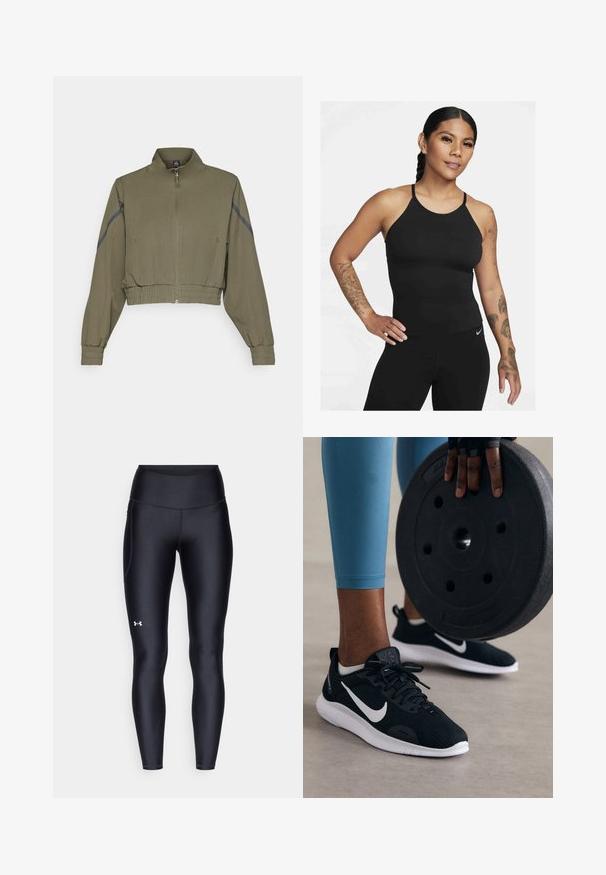 Olijfgroene gecropte jas met hoge kraag, ritssluiting, elastische mouwen en zijzakken; heeft donkergrijze zijstrepen.; Zwarte sporttop met een hoge halslijn en dunne banden. De stof is glad met een aansluitend ontwerp, gecombineerd met bijpassende legging.; Zwarte leggings van glad, rekbaar materiaal met een hoge tailleband. Heeft een wit logo op de linkerdij en een aansluitend ontwerp.; Zwarte sportschoenen met een bovenwerk van gaas, witte accenten en een stevige witte zool. In de voorgrond is een zwarte gewichtsschijf te zien.