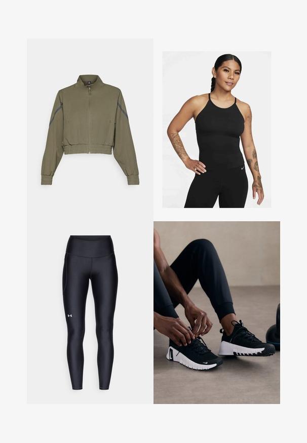 Olivno zelena krajšana jakna z visokim ovratnikom, zadrgo, elastičnimi manžetami in stranskimi žepi; vsebuje temnosive stranske črtice.; Črni športni top brez rokavov z visokim ovratnikom in tankimi naramnicami. Tkanina je gladka z prilegajočim se dizajnom, v kombinaciji z ujemajočimi se legicami.; Črne pajkice iz gladkega, elastičnega materiala z visokim pasom. Imajo bel logotip na levem stegnu in oprijet kroj.; Črne športne čevlje z strukturiranim črnim zgornjim delom, belim podplatom in gumijastim profilom. vezalke so zavezane, kar kaže na eleganten dizajn in logotip.