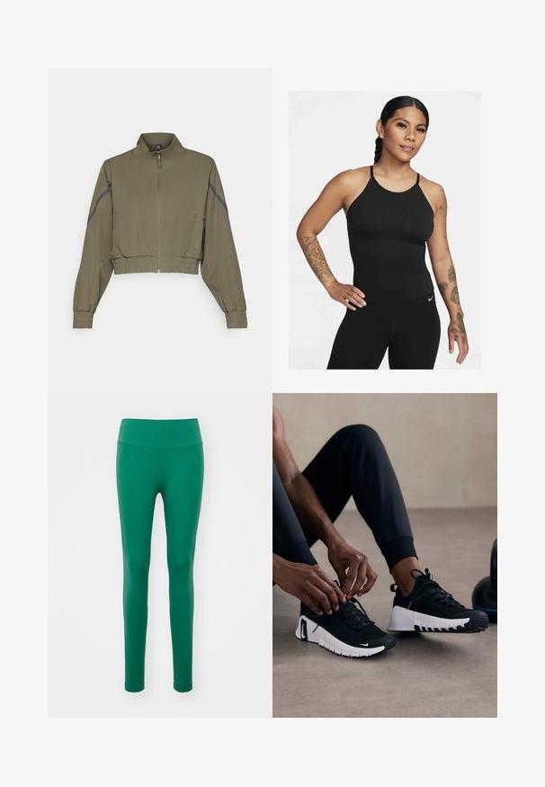 Olivno zelena krajšana jakna z visokim ovratnikom, zadrgo, elastičnimi manžetami in stranskimi žepi; vsebuje temnosive stranske črtice.; Črni športni top brez rokavov z visokim ovratnikom in tankimi naramnicami. Tkanina je gladka z prilegajočim se dizajnom, v kombinaciji z ujemajočimi se legicami.; Zelene, prilegajoče legice z širokim, rebrastim pasom. Narejene iz gladkega materiala, brez vidnih vzorcev ali akcentov. Polna dolžina.; Črne športne čevlje z strukturiranim črnim zgornjim delom, belim podplatom in gumijastim profilom. vezalke so zavezane, kar kaže na eleganten dizajn in logotip.