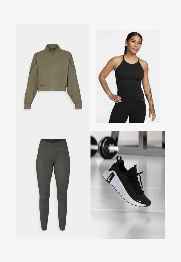 Olive green cropped jacket with high collar, zip closure, elastic cuffs, and side pockets; features dark gray side stripes.; Black athletic tank top with a high neckline and thin straps. The fabric is smooth with a fitted design, paired with matching leggings.; High-waisted leggings in olive green, made from a stretchy material with a smooth texture and flat seams, offering a fitted silhouette.; Black athletic shoe with a textured fabric upper, white sole, and prominent lacing system. Features a Nike logo and soft, cushioned design.