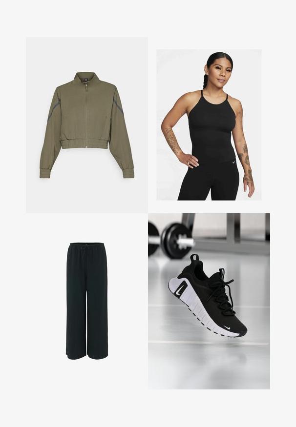 Olijfgroene gecropte jas met hoge kraag, ritssluiting, elastische mouwen en zijzakken; heeft donkergrijze zijstrepen.; Zwarte sporttop met een hoge halslijn en dunne banden. De stof is glad met een aansluitend ontwerp, gecombineerd met bijpassende legging.; Zwarte wijde broek met een textuur en geribbelde stof. Voorzien van een elastische tailleband met een trekkoord voor een verstelbare pasvorm.; Zwarte sportschoen met een textuurstof bovenwerk, witte zool en een opvallend vetersysteem. Voorzien van een Nike-logo en een zacht, gedempt ontwerp.