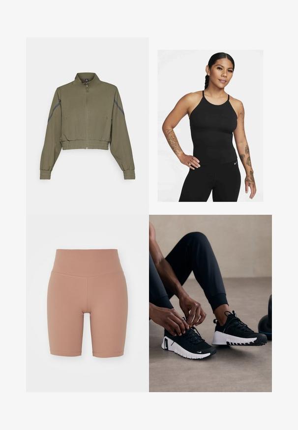 Oliwkowa krótka kurtka z wysokim kołnierzem, zamek błyskawiczny, elastyczne mankiety i boczne kieszenie; posiada ciemnoszare paski po bokach.; Czarny sportowy top na ramiączkach z wysokim dekoltem i cienkimi paskami. Materiał jest gładki o dopasowanym kroju, zestawiony z pasującymi legginsami.; Rowerki o wysokim stanie w beżowym kolorze, wykonane z elastycznego materiału, charakteryzujące się gładką fakturą i schludnymi szwami, zapewniającymi komfort i odpowiednie dopasowanie.; Czarne buty sportowe z fakturowaną czarną cholewką, białą podeszwą i gumowym bieżnikiem. Sznurowadła są związane, co podkreśla smukły design i logo.