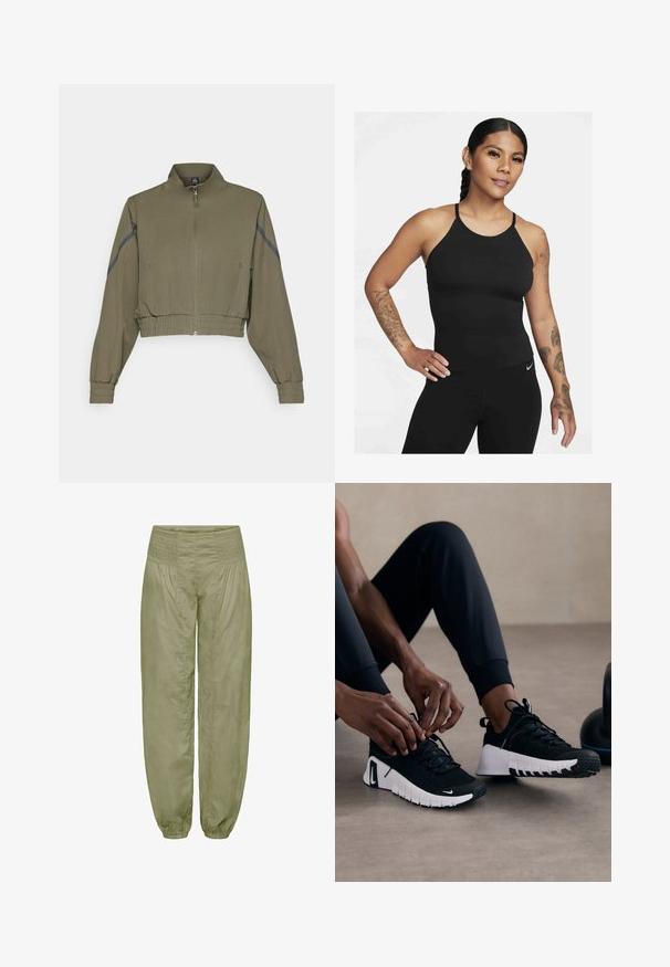 Oliivroheline lühike jakk kõrge kraega, lukuga kinnitamine, elastsed mansetid ja küljetaskud; sisaldab tumedashallide külgtriipide detaile.; Must värvi sportlik tank top kõrge kaelusega ja peenikeste hõlbustitega. Kanga pind on sile ja sobituv disain, koos sobivate legginsitega.; Heledad oliivroheline, vabalt istuvate pükste kombinatsioon, millel on smockitud vöökoht ja elastsed mansetid; valmistatud pehmest, struktureeritud kangast.; Mustad mustriga mustad spordijalatsid, valge tald ja kummine tallaosa. Paelad on seotud, näidates šikki disaini ja logo.
