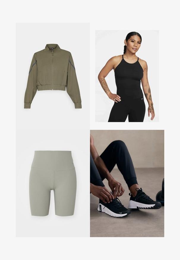 Olive green cropped jacket with high collar, zip closure, elastic cuffs, and side pockets; features dark gray side stripes.; Black athletic tank top with a high neckline and thin straps. The fabric is smooth with a fitted design, paired with matching leggings.; Nike Performance ZENVY 8IN SHORT - Leggings - light army/black; Black athletic shoes with a textured black upper, white sole, and rubber tread. Laces are tied, showing a sleek design and logo.