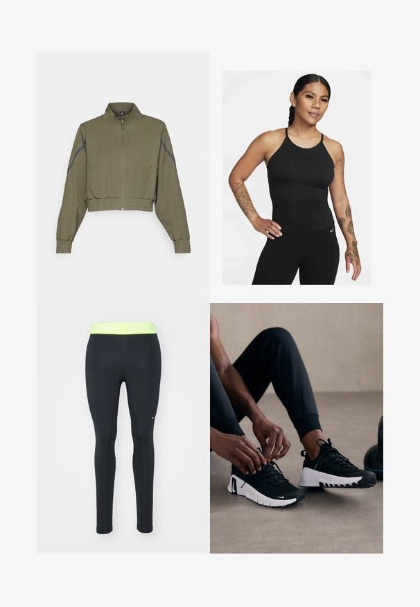Oliwkowa krótka kurtka z wysokim kołnierzem, zamek błyskawiczny, elastyczne mankiety i boczne kieszenie; posiada ciemnoszare paski po bokach.; Czarny sportowy top na ramiączkach z wysokim dekoltem i cienkimi paskami. Materiał jest gładki o dopasowanym kroju, zestawiony z pasującymi legginsami.; Nike Performance 365 czarny; Czarne buty sportowe z fakturowaną czarną cholewką, białą podeszwą i gumowym bieżnikiem. Sznurowadła są związane, co podkreśla smukły design i logo.